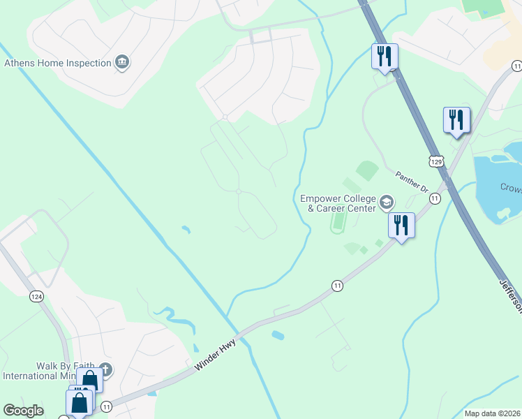 map of restaurants, bars, coffee shops, grocery stores, and more near 865 Hawkins Creek Drive in Jefferson