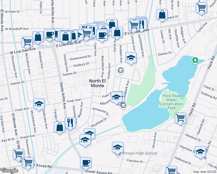 map of restaurants, bars, coffee shops, grocery stores, and more near 5336 Cochin Avenue in Arcadia