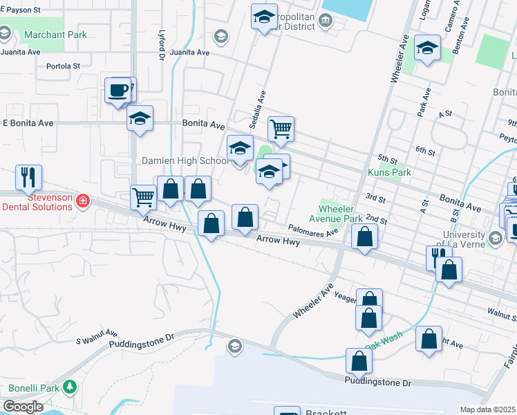map of restaurants, bars, coffee shops, grocery stores, and more near 1335 Palomares Avenue in La Verne