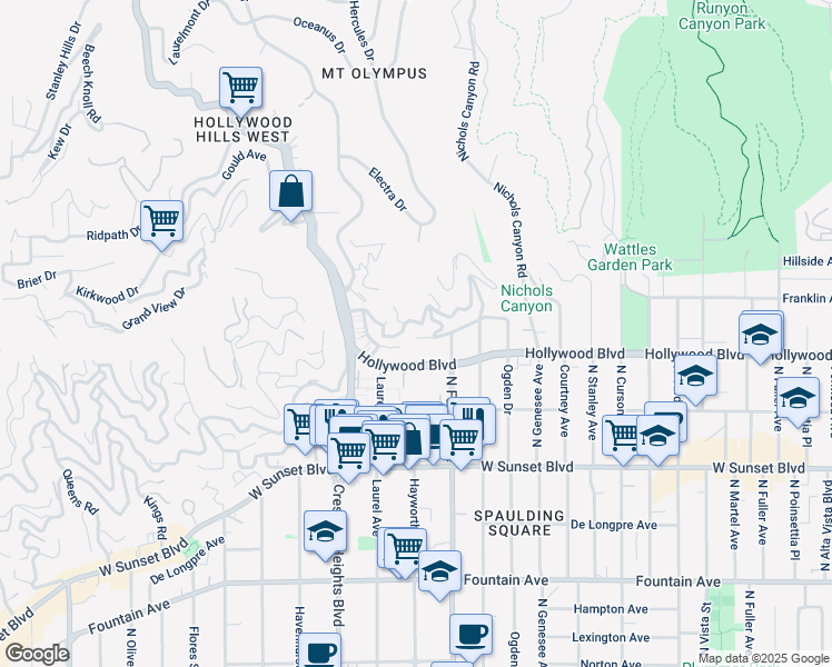 map of restaurants, bars, coffee shops, grocery stores, and more near 7939 Hillside Avenue in Los Angeles