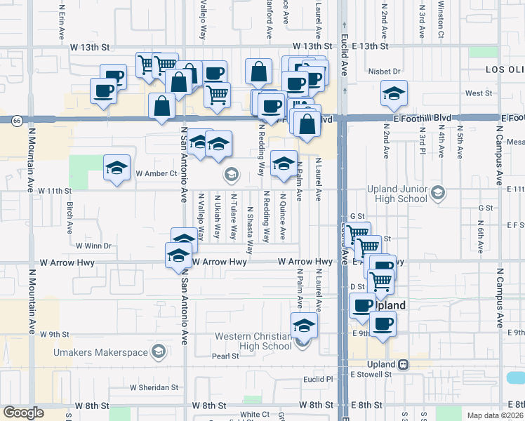 map of restaurants, bars, coffee shops, grocery stores, and more near 730 North Redding Way in Upland