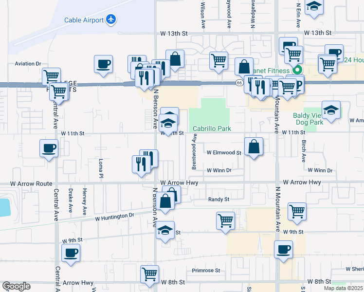 map of restaurants, bars, coffee shops, grocery stores, and more near 1515 West Arrow Highway in Upland
