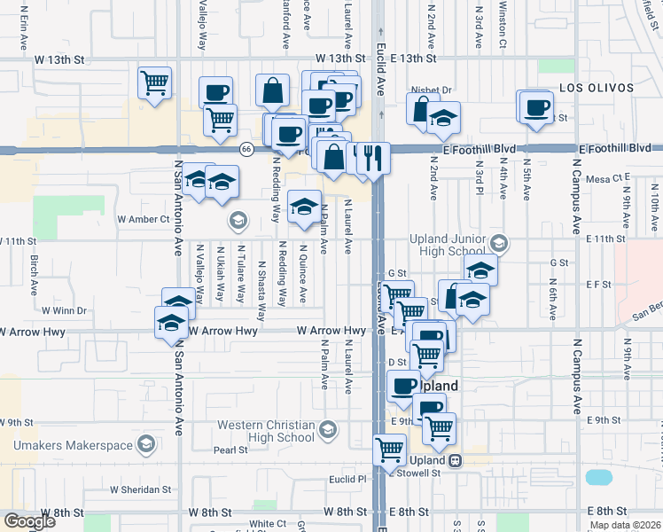 map of restaurants, bars, coffee shops, grocery stores, and more near 733 North Palm Avenue in Upland