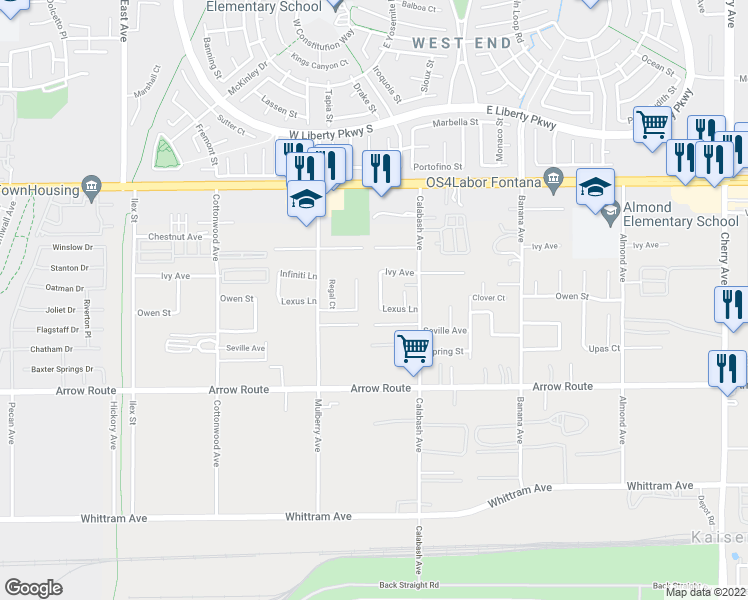 map of restaurants, bars, coffee shops, grocery stores, and more near 8320 Taurus Avenue in Fontana