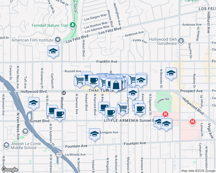 map of restaurants, bars, coffee shops, grocery stores, and more near 1717 Winona Boulevard in Los Angeles