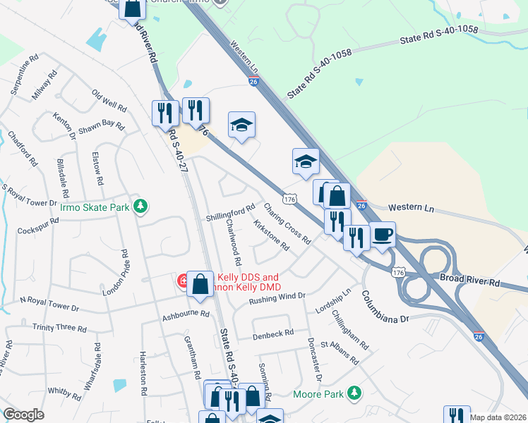 map of restaurants, bars, coffee shops, grocery stores, and more near 406 Charing Cross Road in Irmo