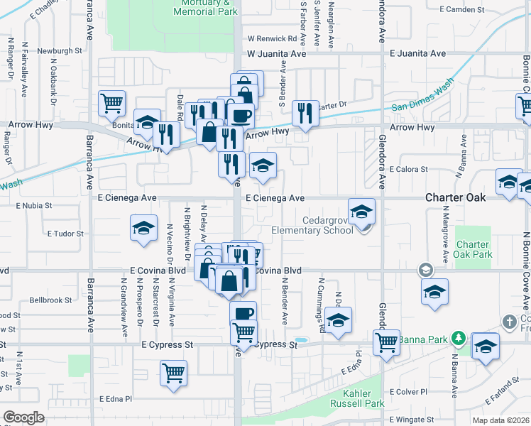 map of restaurants, bars, coffee shops, grocery stores, and more near 19550 East Cienega Avenue in Covina