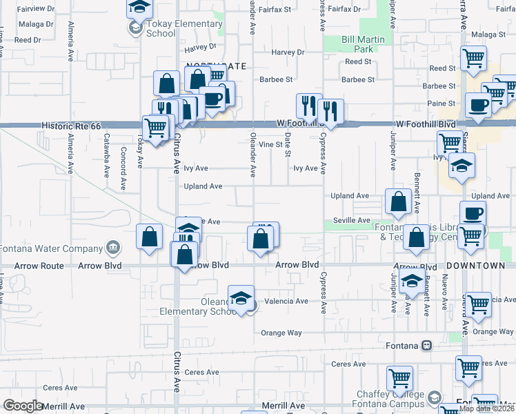 map of restaurants, bars, coffee shops, grocery stores, and more near 16317 Owen Street in Fontana