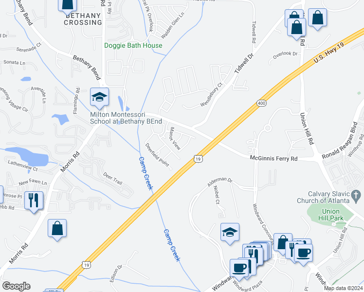 map of restaurants, bars, coffee shops, grocery stores, and more near 13236 Warrensville Cove in Alpharetta