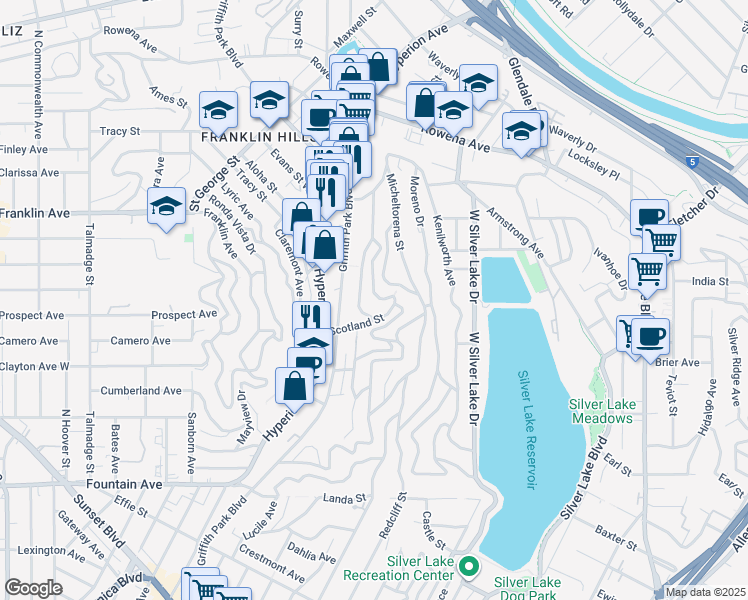 map of restaurants, bars, coffee shops, grocery stores, and more near 2384 Panorama Terrace in Los Angeles