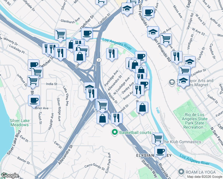 map of restaurants, bars, coffee shops, grocery stores, and more near 2754 Allesandro Street in Los Angeles