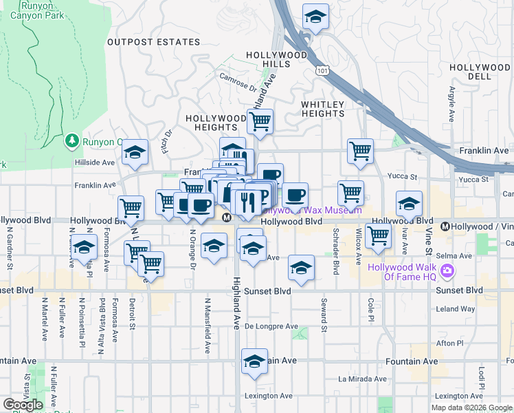 map of restaurants, bars, coffee shops, grocery stores, and more near 1755 North McCadden Place in Los Angeles