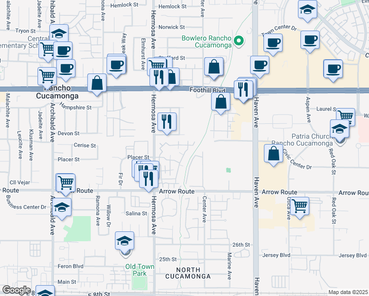 map of restaurants, bars, coffee shops, grocery stores, and more near 10225 Chaparral Way in Rancho Cucamonga