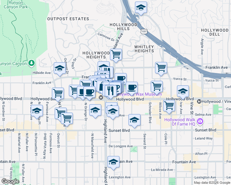 map of restaurants, bars, coffee shops, grocery stores, and more near 1755 North McCadden Place in Los Angeles
