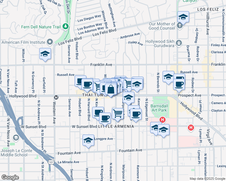 map of restaurants, bars, coffee shops, grocery stores, and more near 1717 North Normandie Avenue in Los Angeles