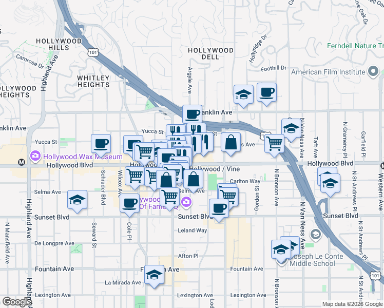 map of restaurants, bars, coffee shops, grocery stores, and more near 6201 Hollywood Boulevard in Los Angeles