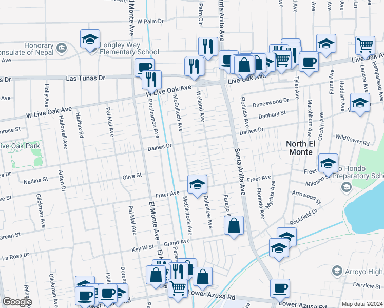 map of restaurants, bars, coffee shops, grocery stores, and more near 5436 McCulloch Avenue in Temple City