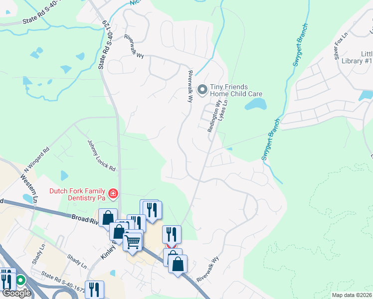 map of restaurants, bars, coffee shops, grocery stores, and more near 708 Riverwalk Way in Irmo