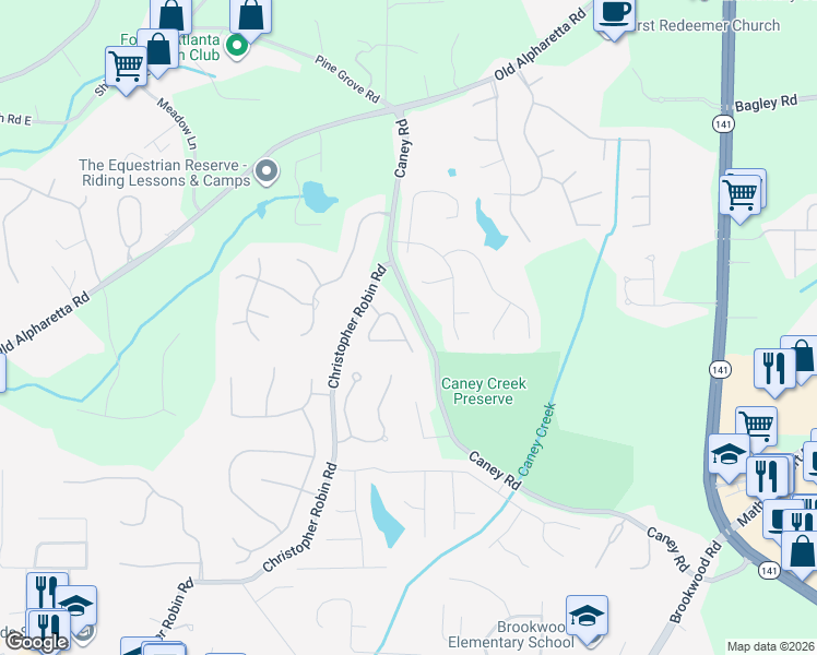 map of restaurants, bars, coffee shops, grocery stores, and more near 260 Brookwood Estates Drive in Cumming