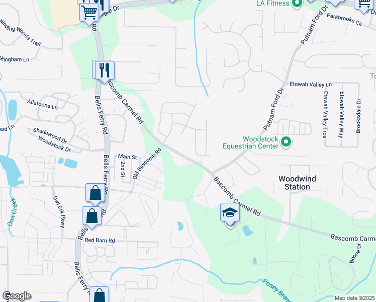map of restaurants, bars, coffee shops, grocery stores, and more near 2298 Bascomb Carmel Road in Woodstock