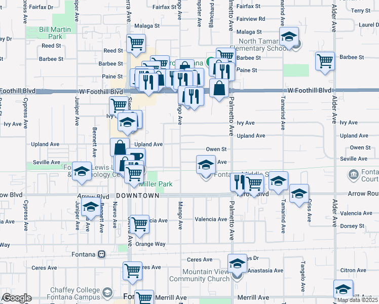 map of restaurants, bars, coffee shops, grocery stores, and more near 17137 Owen Street in Fontana