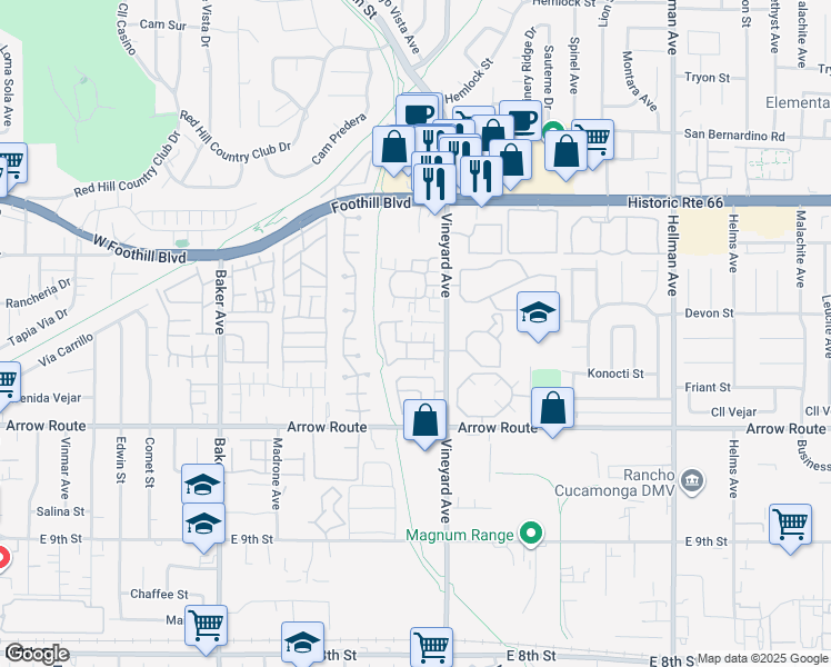 map of restaurants, bars, coffee shops, grocery stores, and more near 8844 Knollwood Drive in Rancho Cucamonga