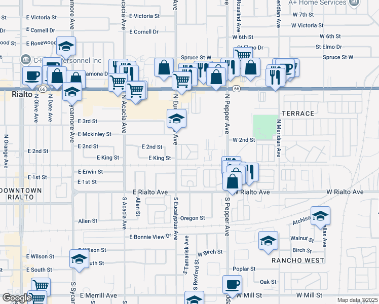 map of restaurants, bars, coffee shops, grocery stores, and more near 185 North Eucalyptus Avenue in Rialto