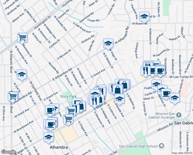 map of restaurants, bars, coffee shops, grocery stores, and more near 819 Lindaraxa Park North in Alhambra