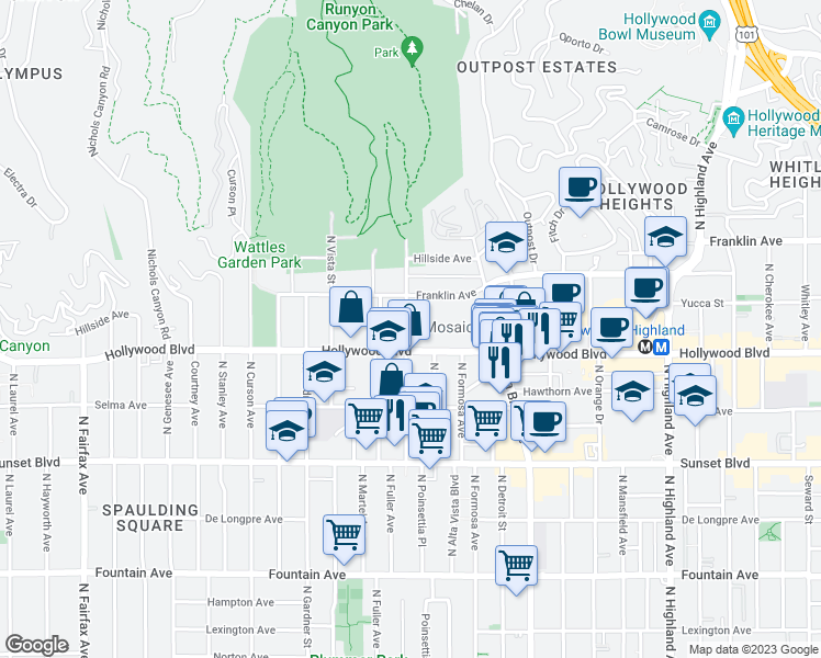 map of restaurants, bars, coffee shops, grocery stores, and more near 1734 North Fuller Avenue in Los Angeles