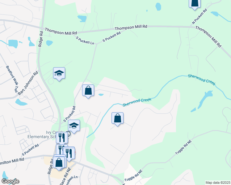 map of restaurants, bars, coffee shops, grocery stores, and more near 3397 Hill Pond Drive Northeast in Buford