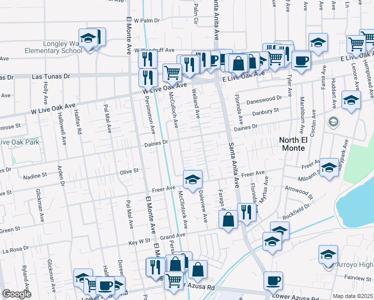 map of restaurants, bars, coffee shops, grocery stores, and more near 5436 McCulloch Avenue in Temple City