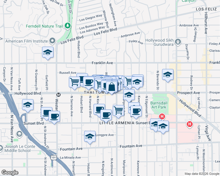 map of restaurants, bars, coffee shops, grocery stores, and more near in Los Angeles