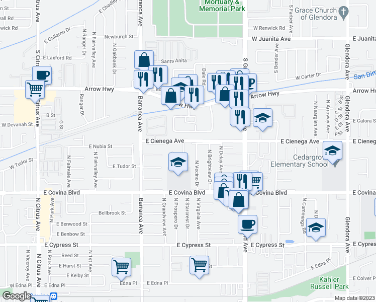 map of restaurants, bars, coffee shops, grocery stores, and more near 1256 North Starcrest Drive in Covina