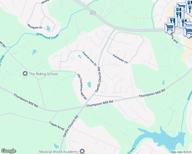 map of restaurants, bars, coffee shops, grocery stores, and more near 4496 Sardis Church Road in Buford