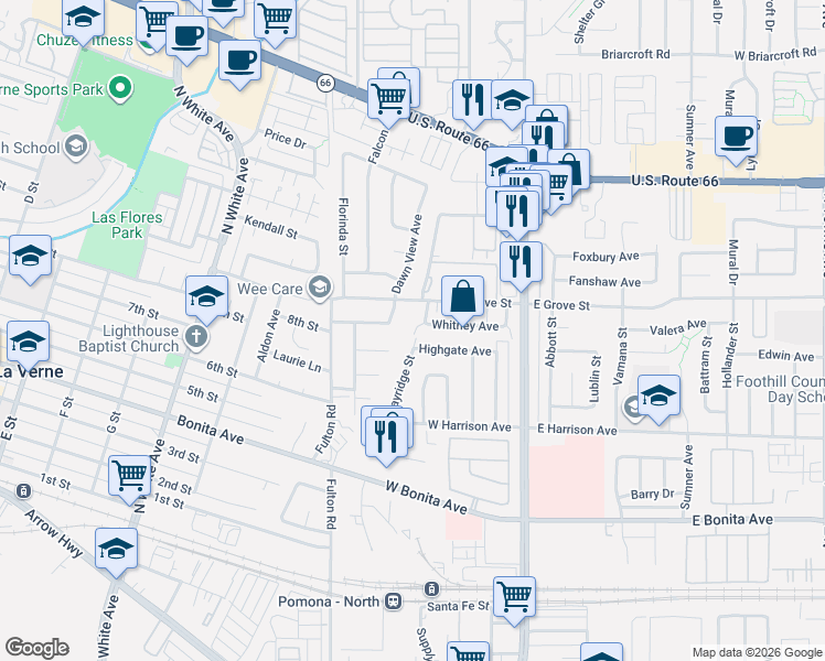 map of restaurants, bars, coffee shops, grocery stores, and more near 3045 Shasta Street in Pomona