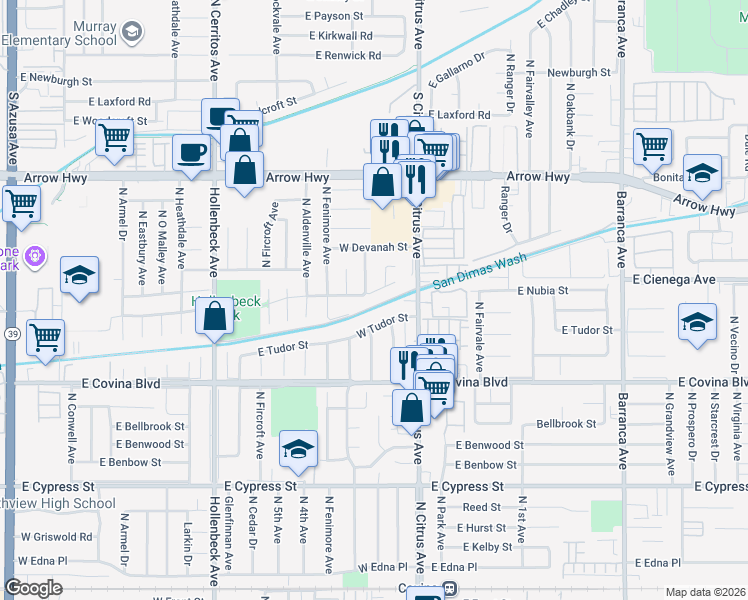 map of restaurants, bars, coffee shops, grocery stores, and more near 182 West Grondahl Street in Covina