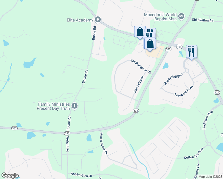 map of restaurants, bars, coffee shops, grocery stores, and more near 582 Southampton Circle in Hoschton