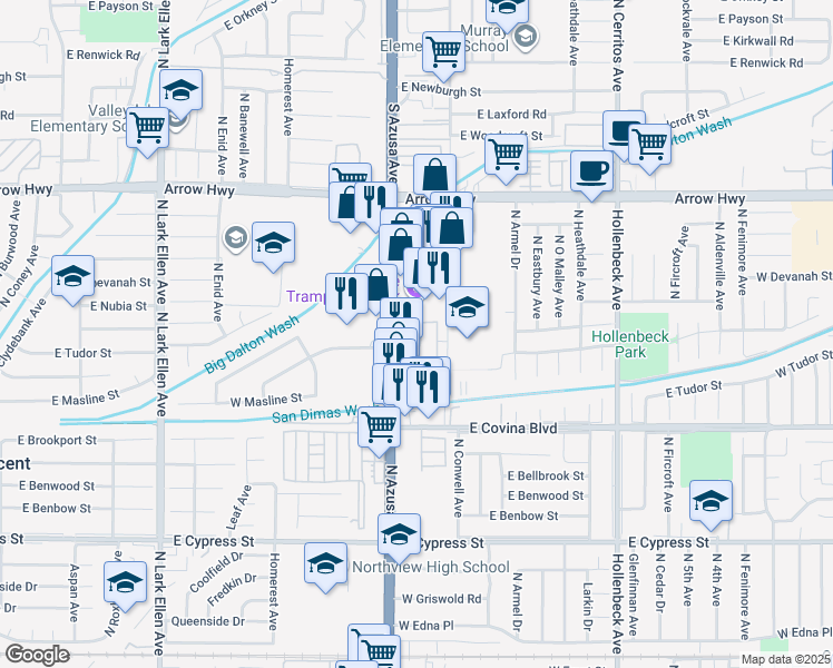 map of restaurants, bars, coffee shops, grocery stores, and more near 815 West Grondahl Street in Covina