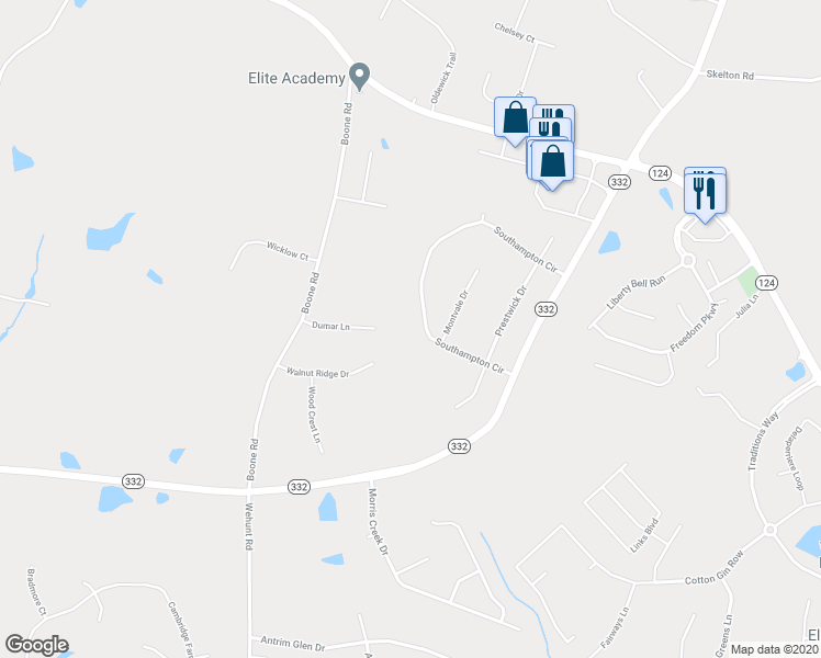 map of restaurants, bars, coffee shops, grocery stores, and more near 582 Southampton Circle in Hoschton