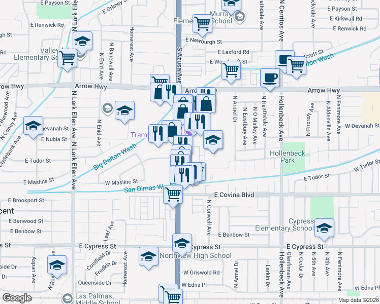 map of restaurants, bars, coffee shops, grocery stores, and more near 815 West Grondahl Street in Covina