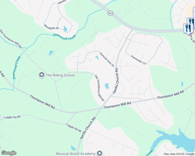 map of restaurants, bars, coffee shops, grocery stores, and more near 2801 Old Thompson Mill Road in Buford
