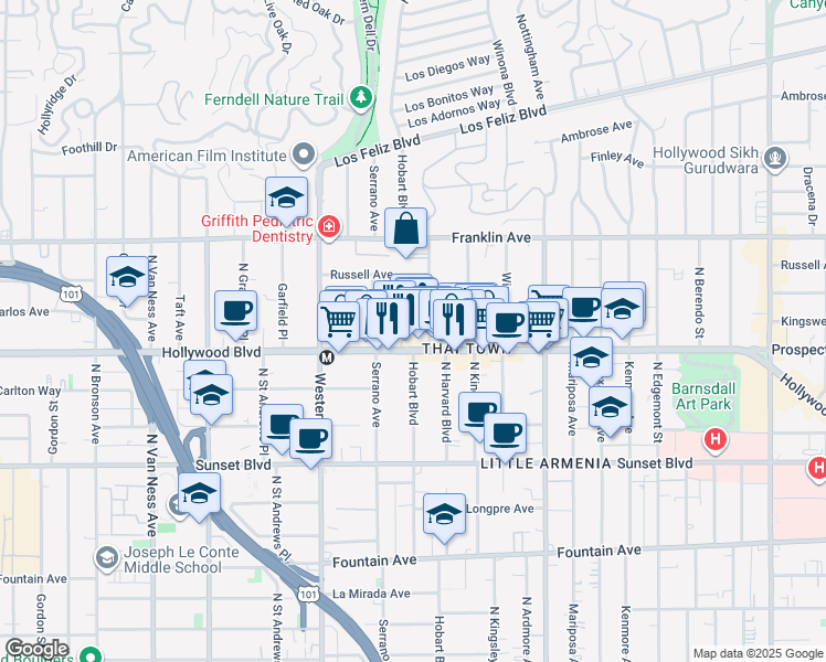 map of restaurants, bars, coffee shops, grocery stores, and more near 5267 Hollywood Boulevard in Los Angeles