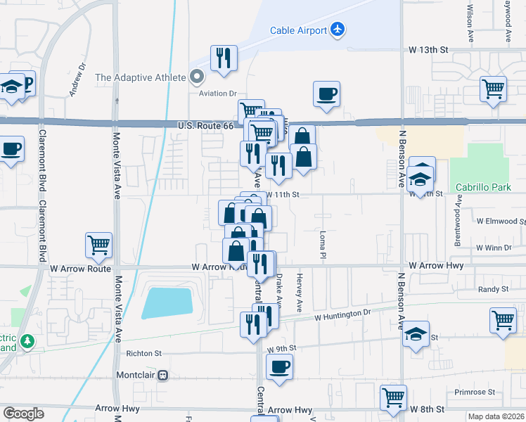 map of restaurants, bars, coffee shops, grocery stores, and more near 718 North Central Avenue in Upland