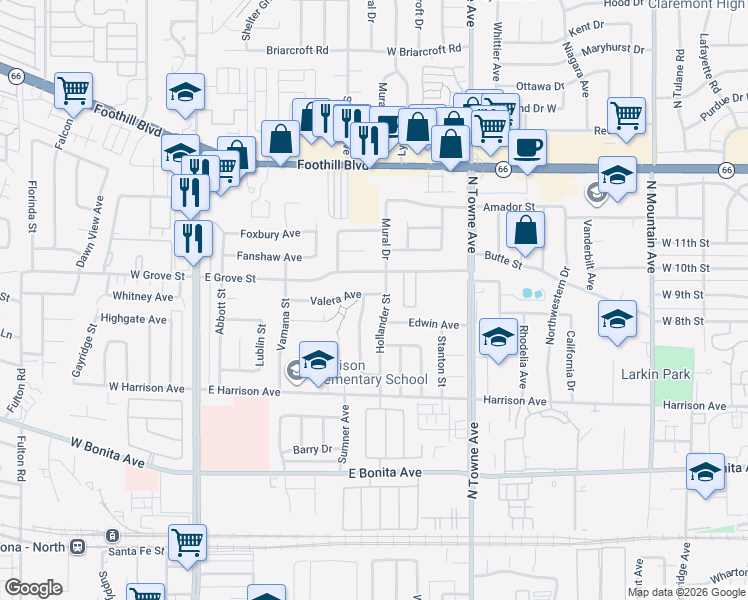 map of restaurants, bars, coffee shops, grocery stores, and more near 480 Valera Avenue in Pomona