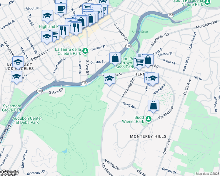 map of restaurants, bars, coffee shops, grocery stores, and more near 5507 Bushnell Way in Los Angeles