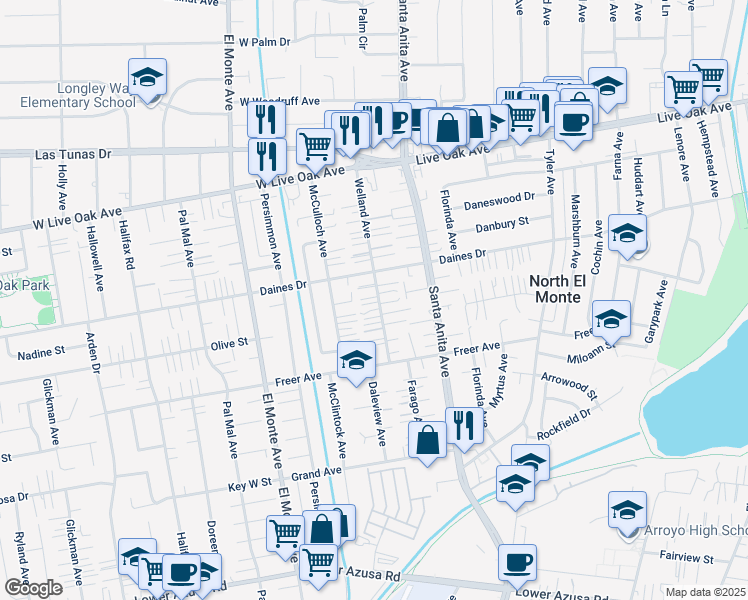 map of restaurants, bars, coffee shops, grocery stores, and more near 5427 Welland Avenue in Temple City