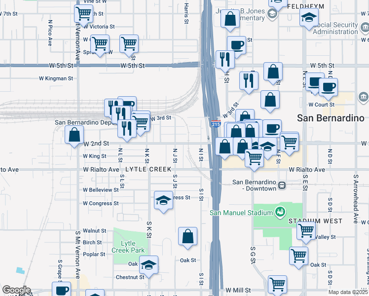 map of restaurants, bars, coffee shops, grocery stores, and more near 963 West 2nd Street in San Bernardino