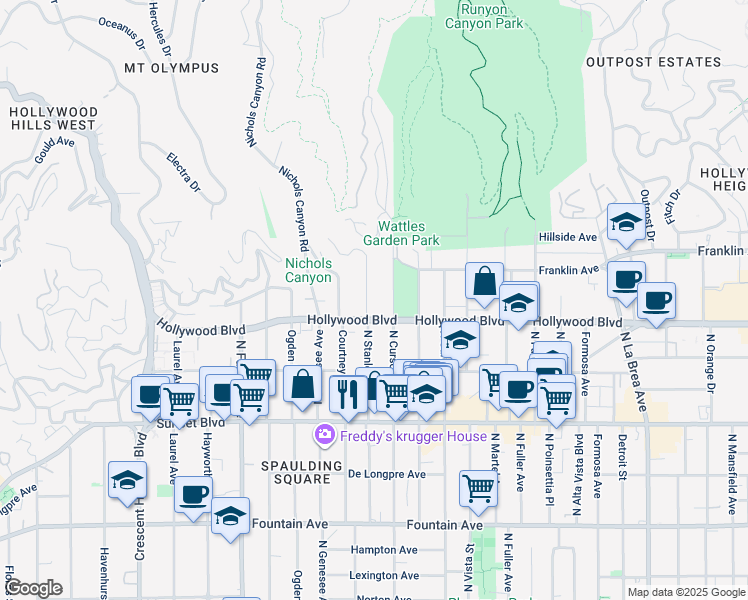 map of restaurants, bars, coffee shops, grocery stores, and more near North Stanley Avenue in West Hollywood
