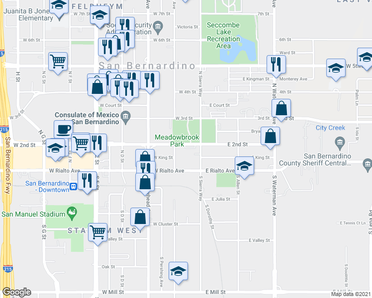 map of restaurants, bars, coffee shops, grocery stores, and more near 165 West 2nd Street in San Bernardino