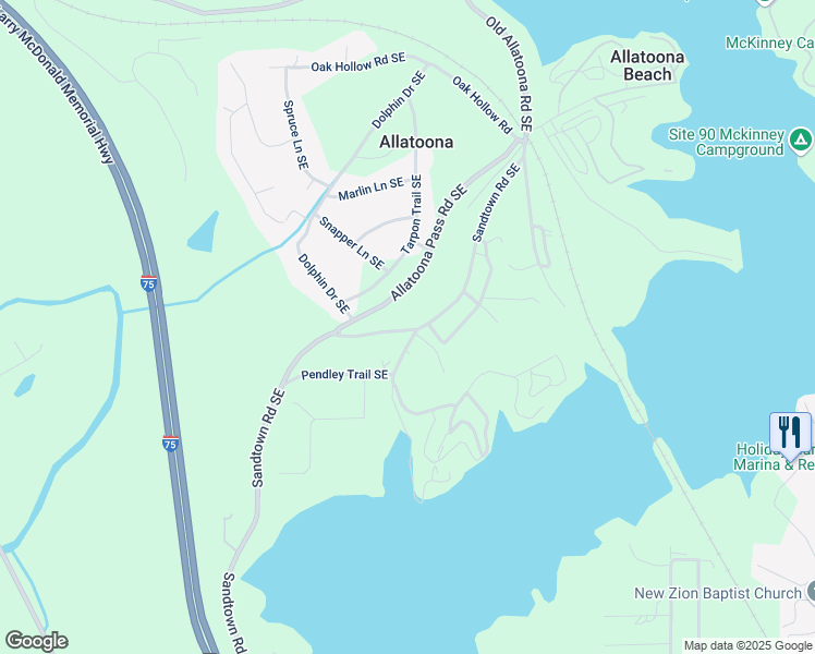 map of restaurants, bars, coffee shops, grocery stores, and more near 479 Sandtown Road Southeast in Cartersville